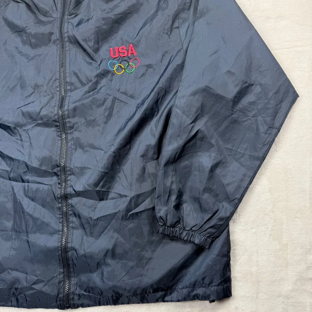 USA Olympics Windbreaker Jacket Mens XL Navy Blue Mesh Lined Full Zip Vintage